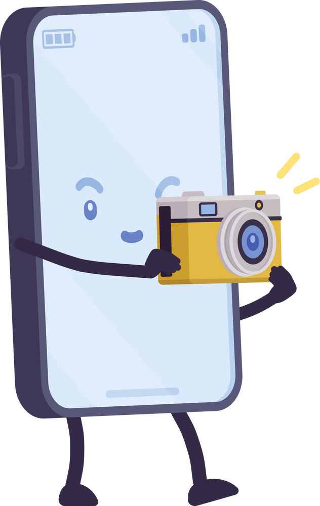 Smartphone character, cute funny face, body, taking pictures